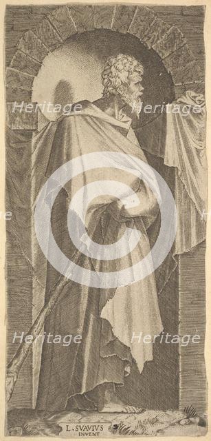 St. James Minor(?) in an arcuated niche, holding a walking stick in his hands, which are c..., 1545. Creator: Lambert Suavius.