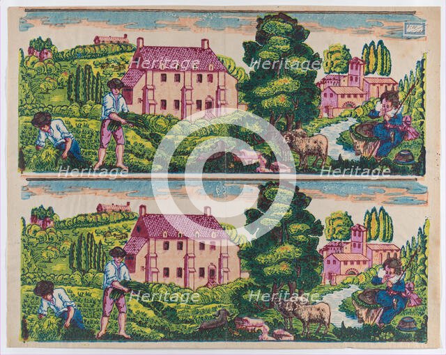 Sheet with two borders with pastoral landscapes, late 18th-mid-19th ..., late 18th-mid-19th century. Creator: Anon.