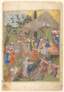 Royal Reception in a Landscape, right folio from a double-page frontispiece..., 1444. Creator: Unknown.