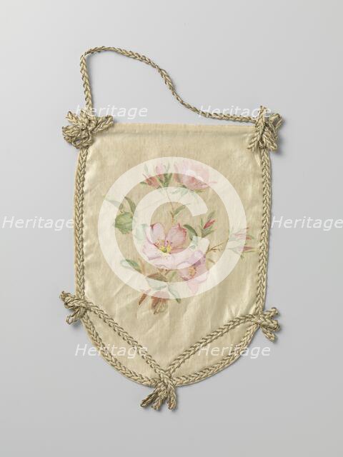 Pouch of ivory-coloured satin with pink flowers, c.1880-c.1890.  Creator: Anon.
