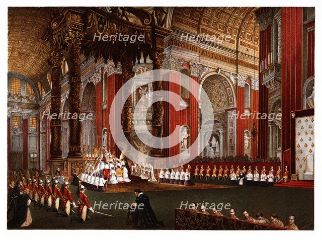 Pontifical ceremonies. Easter Sunday. Pontifical Mass in the Basilica of Saint Peter. Color engra…