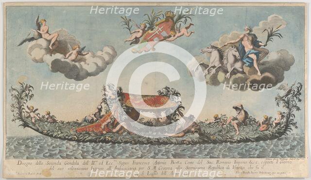 The highly ornamented second gondola of Francesco Antonio Berka entering Venice, Gods on c..., 1700. Creator: Johann Georg Wolfgang.