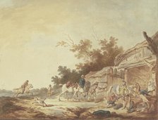 A traveler being fitted with riding boots stands with his horses at a watering trough in..., 1760. Creator: Francesco Giuseppe Casanova.