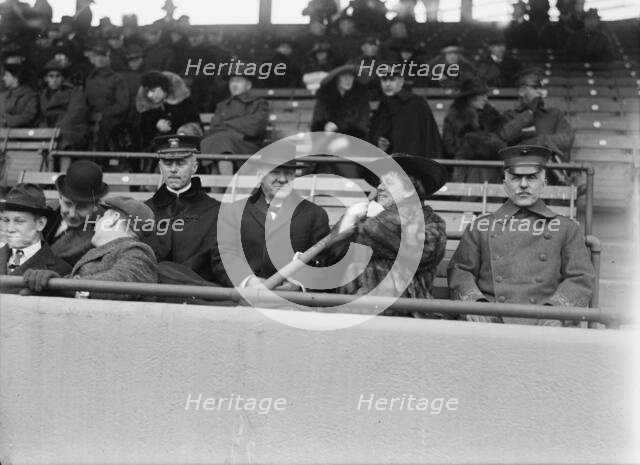 Marine Corps, U.S.N. Machine Gun Unit Demonstration at Ball Park - Daniels And Gen. Barnett, 1917. Creator: Harris & Ewing.