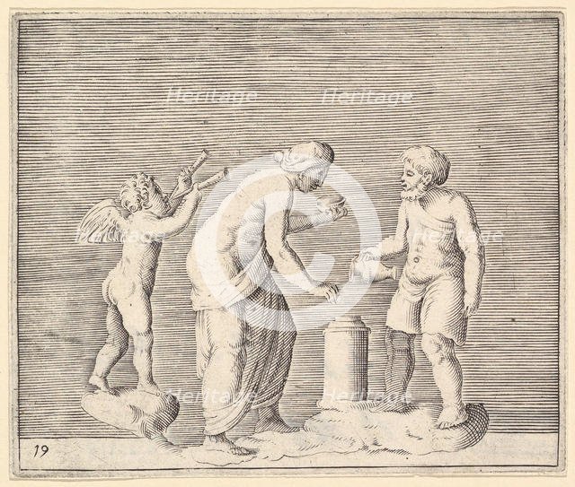 A Woman and Man Sacrificing in the Presence of Cupid, published ca. 1599-1622. Creator: Unknown.