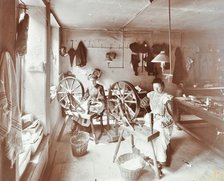 Women using spinning wheels, Bethnal Green, London, 1908. Artist: Unknown.