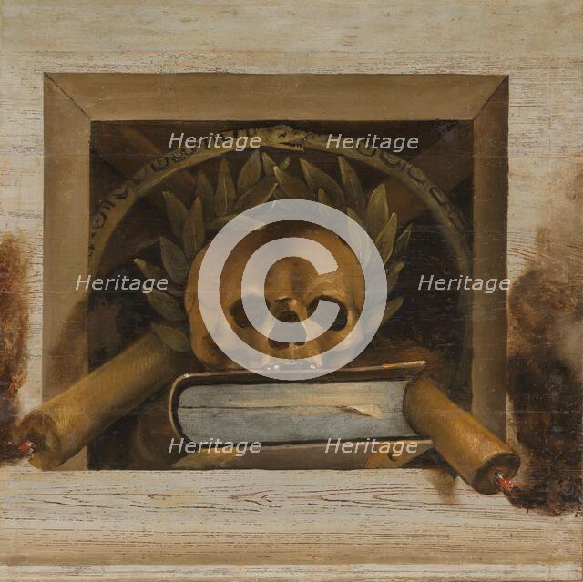 Vanitas Still Life with Scull with Laurel Wreath, Book and two Burning Candles, 1645-1650. Creator: Jacob van Campen.