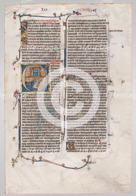 Single Leaf from a Bible: Initial E[t factum est] with Jonah Swallowed by the Whale, c. 1290. Creator: Unknown.