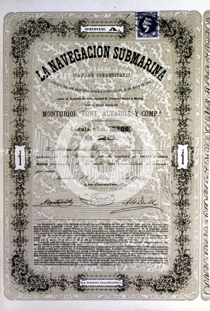 Document of 25 duros (Spanish coin) of the A Series of society 'La Navegación Submarina', constit…