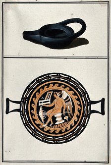 Above, black lamp; below, drinking vessel with two handles, decorated with a winged..., 1760-9. Creator: Augustin Dahlsteen.