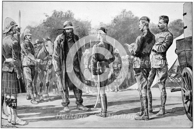 Piet Cronje, Boer leader and soldier, surrendering to Lord Roberts, Paardeberg, 1900. Artist: Richard Caton Woodville II