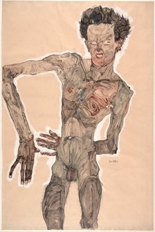 Nude Self-Portrait, Grimacing, 1910. Artist: Schiele, Egon (1890–1918)