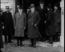 Male Ministers Standing on the Steps of a Large Building Having Been Admitted Into the,,,, 1926. Creator: British Pathe Ltd.