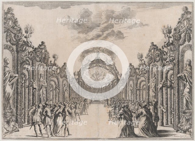 A sacrifice to the Olympian gods taking place at the end of a path lined with statues and ..., 1674. Creator: Mathäus Küsel.