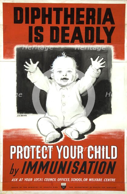'Diptheria is deadly. Protect your child by immunisation', WWII poster, between 1939 and 1946. Creators: Central Office of Information, James Henry Dowd.