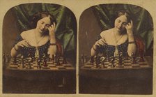 Woman playing chess by herself, about 1860. Creator: Ledot.