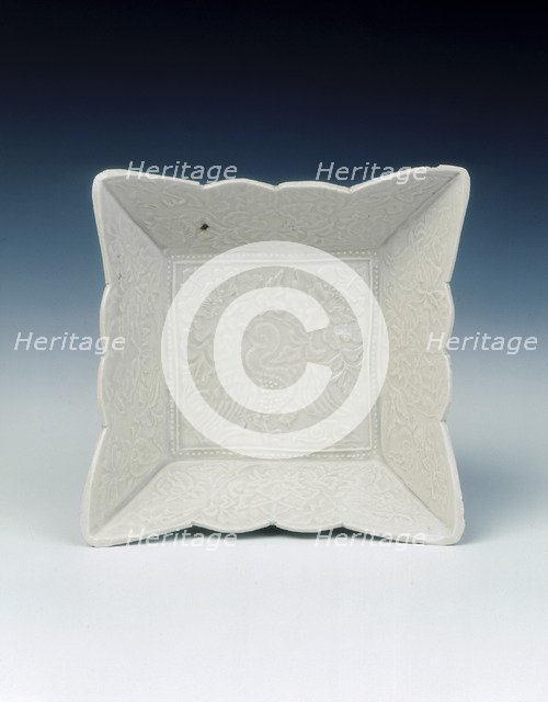 Ding type scalloped-edged square saucer with duck amid foliage, Liao dynasty, mid 11th century. Artist: Unknown