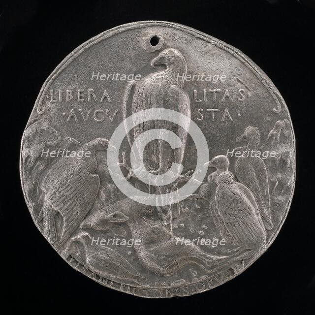 Eagle and Lesser Birds of Prey in a Rocky Landscape [reverse], 1449. Creator: Pisanello.