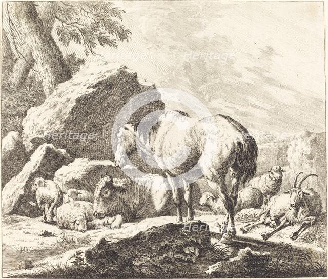 A Horse, Buffalo, Sheep, and Goat in an Italian Landscape. Creator: Johann Elias Ridinger.