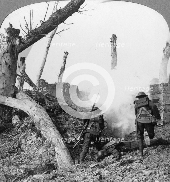 British troops attacking Germans isolated in a captured village, World War I, c1914-c1918. Artist: Realistic Travels Publishers