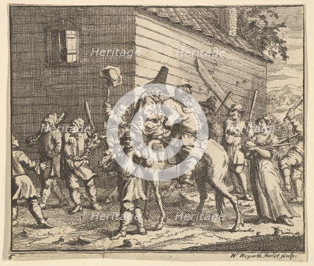 Hudibras and Ralpho Made Prisoners and Carried to the Stocks (Seventeen Small Illustrat..., 1721-26. Creator: William Hogarth.