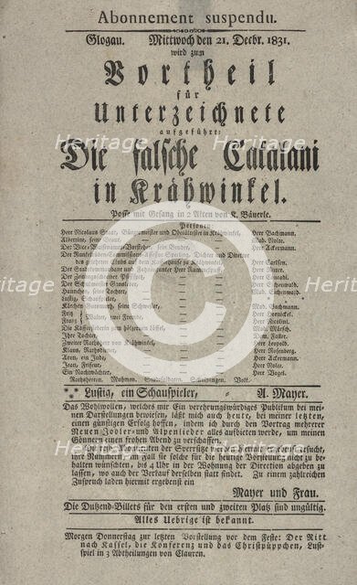 Theater playbill for "Die falsche Catalani in Krähwinkel," benefit performance..., c1831. Creator: Adolf Bauerle.