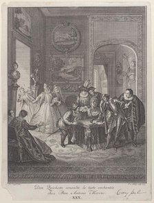 Plate 30: Don Quixote consults the enchanted head at Don Antonio Moreno's house (Don Quich..., 1745. Creator: Jakob van Schley.