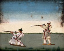 Two Indian soldiers (?) take aim and fire their rifles, (between 1800 and 1899?). Creator: Unknown.