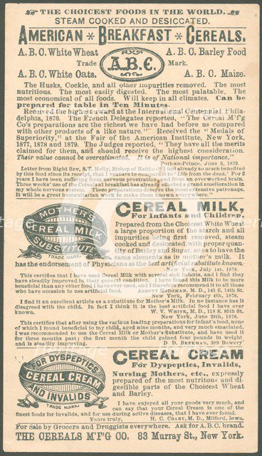 ABC American Breakfast cereals, 1900s. Artist: Unknown