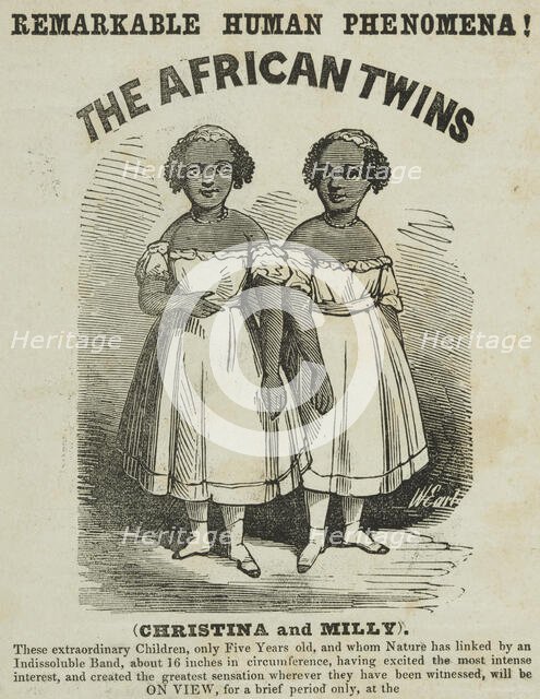 Advertisement for exhibition featuring "The African Twins" at Egyptian Hall, Piccadilly, 1855. Creator: Unknown.