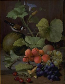 Still Life with Fruits and a Goldfinch, 1855. Creator: Otto Didrik Ottesen.