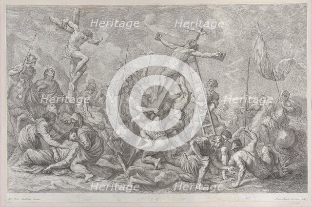 The Crucifixion, with the lowering of the cross at center, soldiers throughout, and a thie..., 1762. Creator: Giovanni Battista Cipriani.