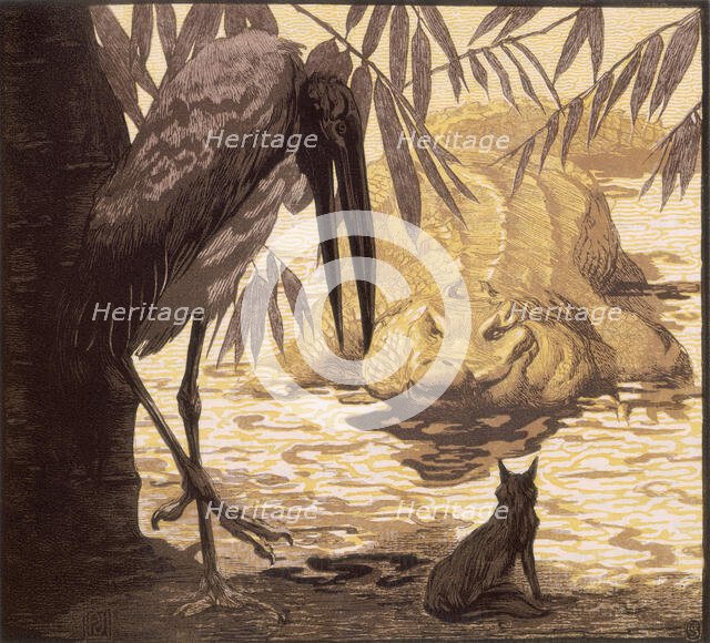 Crocodile, wolf and stork; scene from "The Jungle Book", 1919.  Creator: Paul Jouve.
