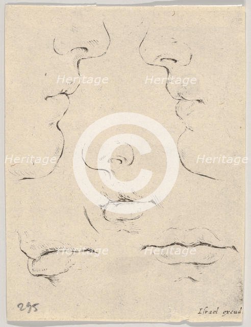 Plate 4: two profiles and three mouths, from 'The Book for Learning to Draw' (Livre po..., ca. 1649. Creator: Stefano della Bella.