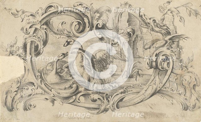 Design for a Tablet for a Chimney-Piece with Two Swans in Combat, Enclosed within a Scroll..., 1762. Creator: Thomas Johnson.