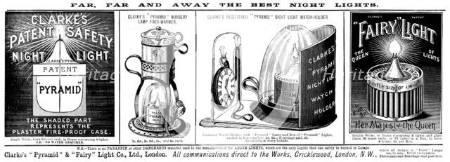 Advertisement for Clarke's "Pyramid" & "Fairy" Light Co., Ltd., 1895. Creator: Unknown.