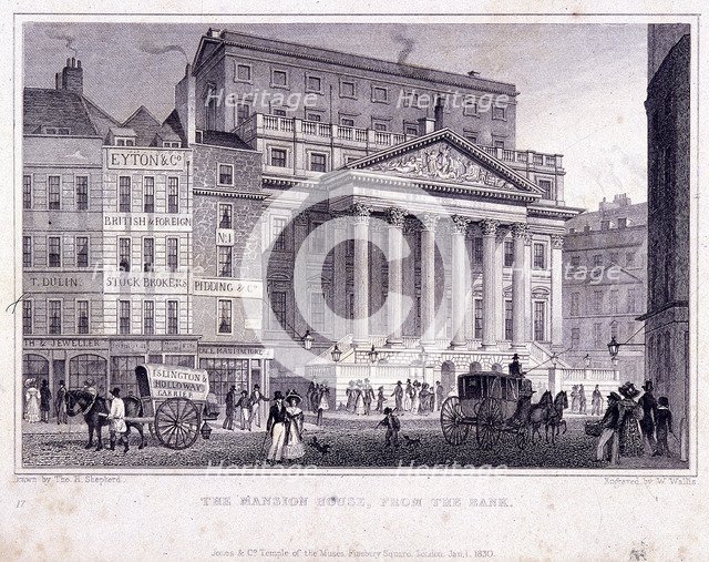 Mansion House (exterior), London, 1830. Artist: W Wallis