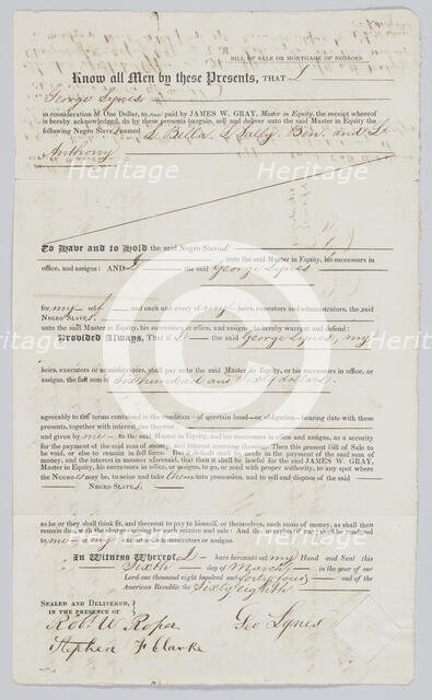 Bill of sale for four enslaved persons in Charleston, South Carolina, 1844. Creator: Unknown.