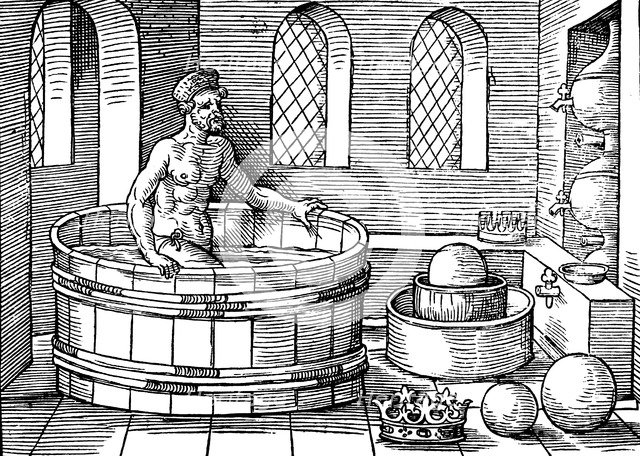 Archimedes (c287-212 BC), Ancient Greek mathematician and inventor, in his bath. Artist: Unknown