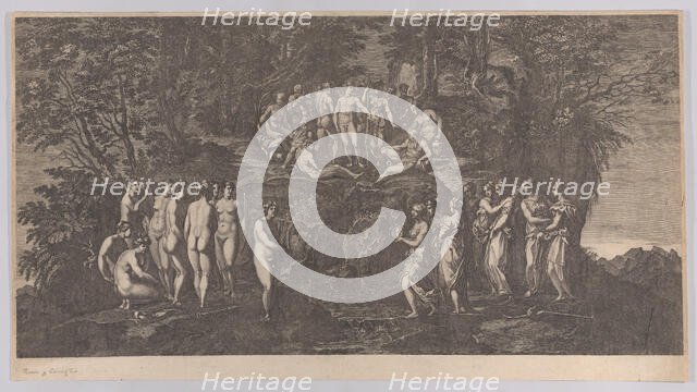 The musical contest between the Muses on one side and the Pierides on the other, judg..., 1750-1850. Creator: Anon.