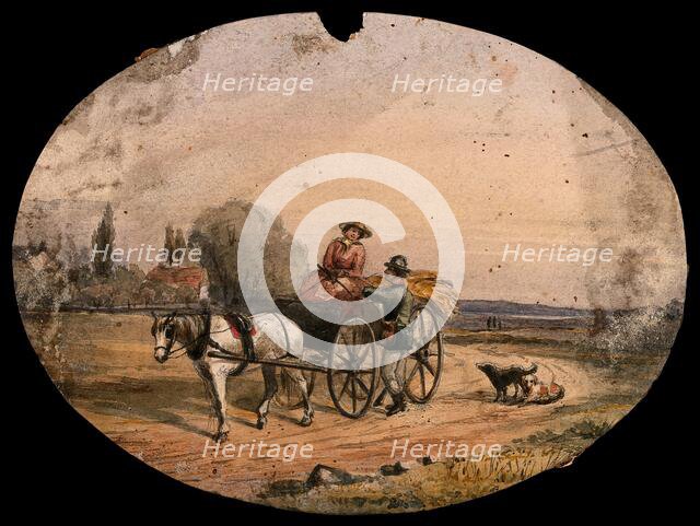 A woman driving a horse-drawn cart loaded with hay has stopped on the road to speak to a man... Creator: Unknown.