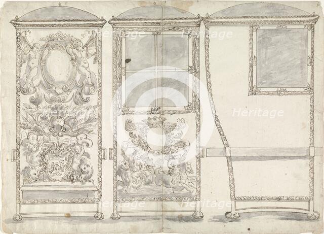 Design for a Sedan Chair, Viewed from the Back, the Front and the Right SIde, c.1650-c.1700. Creator: Anon.