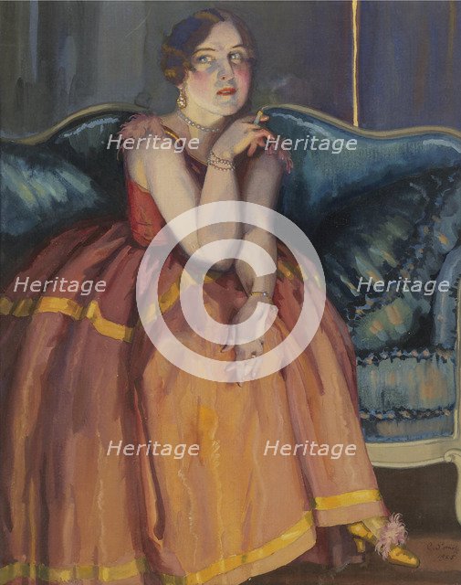 Woman smoking a cigarette on a sofa. Artist: Somov, Konstantin Andreyevich (1869-1939)