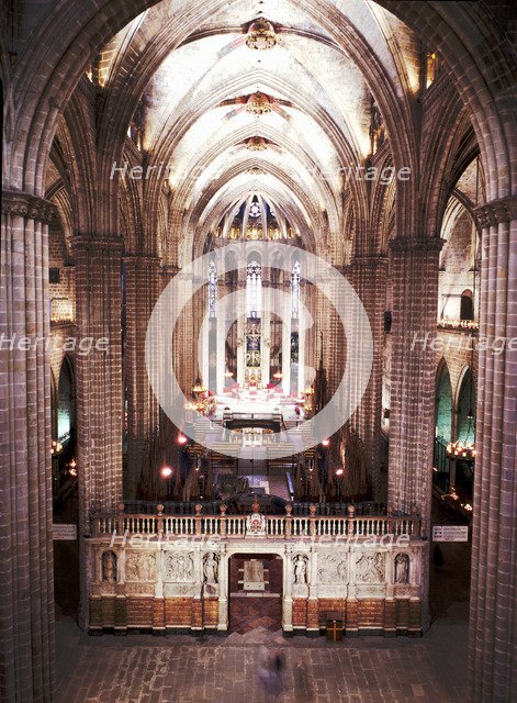 Inside of the Barcelona Cathedral, detail of the main altar and choir of the 13th. Century.