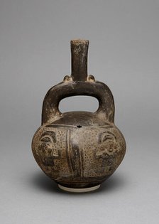 Blackware Stirrup Spout Vessel with a Relief Depicting Warriors with Raised Arms, A.D. 1200/1450. Creator: Unknown.