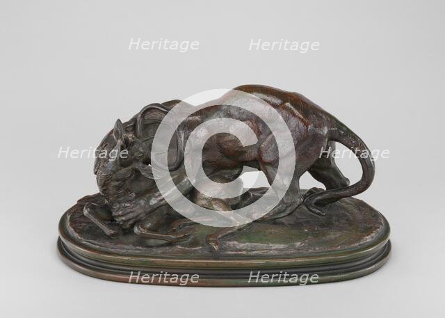 Tiger Attacking a Stag, model c. 1835, cast by 1873. Creator: Antoine-Louis Barye.