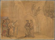 Dante, reaching a rock face, encounters Manfred, the former king of Apulia and Sicily..., 1827-1832. Creator: Johann Anton Ramboux