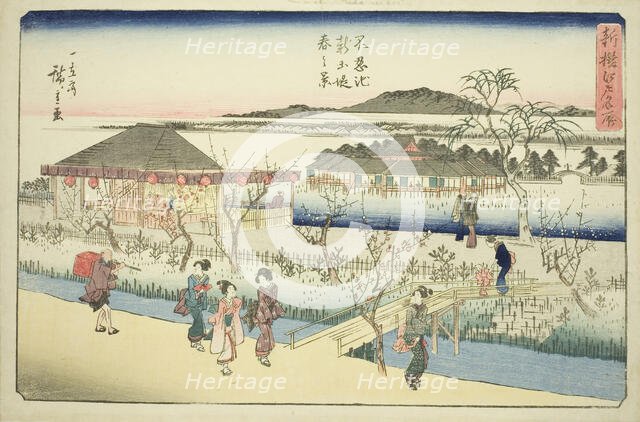 Spring View of the New Embankment at Shinobazu Pond (Shinobazu ike shin dote haru no..., c. 1839/42. Creator: Ando Hiroshige.