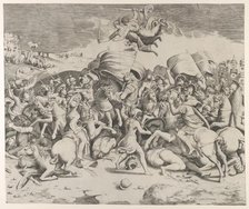 Constantine defeating the tyrant Maxentius, angels carrying swords fly above, 1544., 1544. Creator: Giulio Bonasone.
