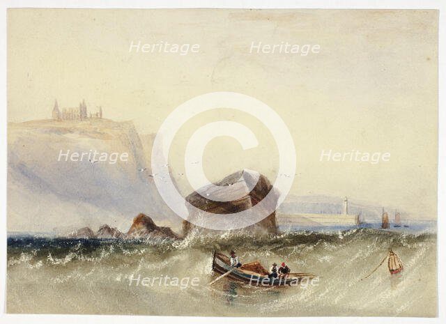 Three Men in Rowboat off Rocky Coast, n.d. Creators: Unknown, Henry Barlow Carter.